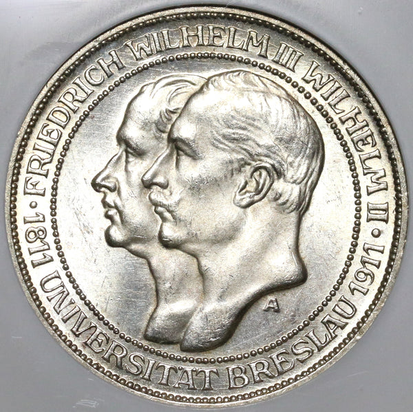 1911 NGC MS 64  Prussia 3 Mark Breslau University German Silver Coin (20021504C)