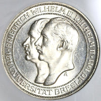 1911 NGC MS 64  Prussia 3 Mark Breslau University German Silver Coin (20021504C)