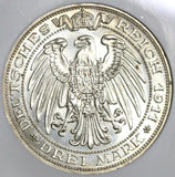 1911 NGC MS 64  Prussia 3 Mark Breslau University German Silver Coin (20021504C)