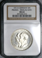 1911 NGC MS 64  Prussia 3 Mark Breslau University German Silver Coin (20021504C)