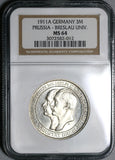 1911 NGC MS 64  Prussia 3 Mark Breslau University German Silver Coin (20021504C)