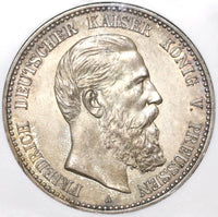 1888 NGC AU 55 Prussia 5 Mark Friedrich III Silver Coin (20021301C)