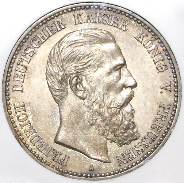1888 NGC AU 55 Prussia 5 Mark Friedrich III Silver Coin (20021301C)