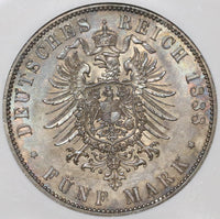 1888 NGC AU 55 Prussia 5 Mark Friedrich III Silver Coin (20021301C)