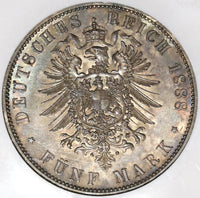 1888 NGC AU 55 Prussia 5 Mark Friedrich III Silver Coin (20021301C)