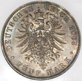 1888 NGC AU 55 Prussia 5 Mark Friedrich III Silver Coin (20021301C)