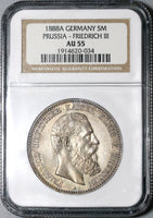 1888 NGC AU 55 Prussia 5 Mark Friedrich III Silver Coin (20021301C)