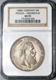 1888 NGC AU 55 Prussia 5 Mark Friedrich III Silver Coin (20021301C)