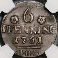 1761 NGC XF 45 Rostock 6 Pfennig Griffin German State Copper Coin (20071601C)