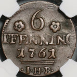1761 NGC XF 45 Rostock 6 Pfennig Griffin German State Copper Coin (20071601C)