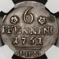 1761 NGC XF 45 Rostock 6 Pfennig Griffin German State Copper Coin (20071601C)