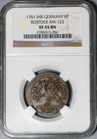 1761 NGC XF 45 Rostock 6 Pfennig Griffin German State Copper Coin (20071601C)