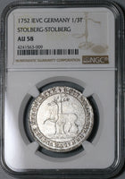 1752 NGC AU 58 STOLBERG Silver 1/3 Taler Stag German State Coin POP 1/0 (17100501D)