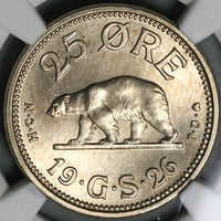 1926 NGC MS 64 Greenland 25 Ore Polar Bear No Hole Coin (23041204C)