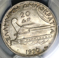 1930 PCGS AU 58 20 Drachmai Poseidon Ancient Galley Ship Silver Coin (21042001C)