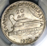 1930 PCGS AU 58 20 Drachmai Poseidon Ancient Galley Ship Silver Coin (21042001C)