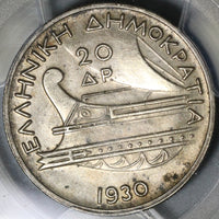 1930 PCGS AU 58 20 Drachmai Poseidon Ancient Galley Ship Silver Coin (21042001C)