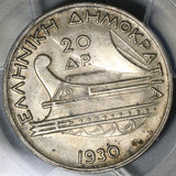 1930 PCGS AU 58 20 Drachmai Poseidon Ancient Galley Ship Silver Coin (21042001C)