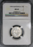 1950 NGC MS 65 GUATEMALA Silver 10 Centavos Maya Monolith Coin (18090604C)