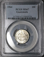 1964 PCGS MS 67 Guatemala 10 Centavos Mayan Quirigua Monolith Gem Mint State Silver Coin (22020101C)
