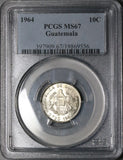 1964 PCGS MS 67 Guatemala 10 Centavos Mayan Quirigua Monolith Gem Mint State Silver Coin (22020101C)