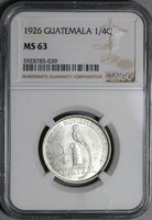 1926 NGC MS 63 Guatemala 1/4 Quetzal Bird Silver Mint State Coin (21042108D)