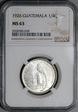 1926 NGC MS 63 Guatemala 1/4 Quetzal Bird Silver Mint State Coin (21042108D)