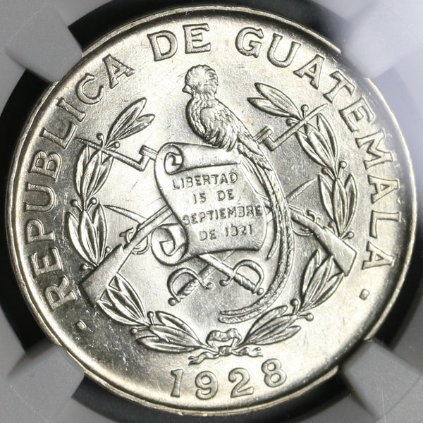 1928 NGC MS 63+ Guatemala 1/4 Quetzal Bird Silver Mint State Coin (21040402D)