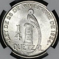 1928 NGC MS 63+ Guatemala 1/4 Quetzal Bird Silver Mint State Coin (21040402D)