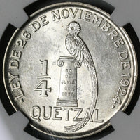 1928 NGC MS 63+ Guatemala 1/4 Quetzal Bird Silver Mint State Coin (21040402D)