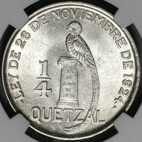 1928 NGC MS 63+ Guatemala 1/4 Quetzal Bird Silver Mint State Coin (21040402D)