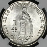 1928 NGC MS 63+ Guatemala 1/4 Quetzal Bird Silver Mint State Coin (21040402D)