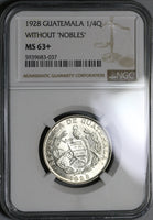 1928 NGC MS 63+ Guatemala 1/4 Quetzal Bird Silver Mint State Coin (21040402D)