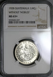 1928 NGC MS 63+ Guatemala 1/4 Quetzal Bird Silver Mint State Coin (21040402D)