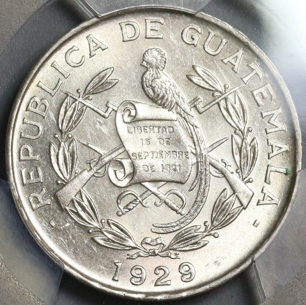 1929 PCGS MS 63 Guatemala 1/4 Quetzal Bird Silver Coin (19090503D)