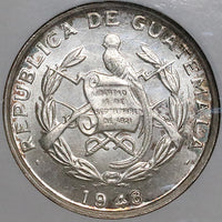 1948 NGC MS 64 Guatemala 1/4 Quetzal Bird Silver Coin POP 2/0 (23010701D)
