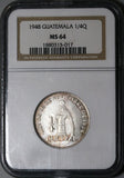 1948 NGC MS 64 Guatemala 1/4 Quetzal Bird Silver Coin POP 2/0 (23010701D)