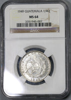 1949 NGC MS 64 Guatemala 1/4 Quetzal Bird Silver Coin 25k Minted (18112401C)