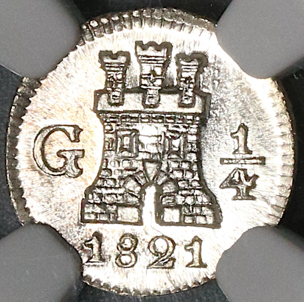 1821 NGC MS 67 Guatemala 1/4 Real Spain Colony Silver GEM Mint State Coin (22031601C)