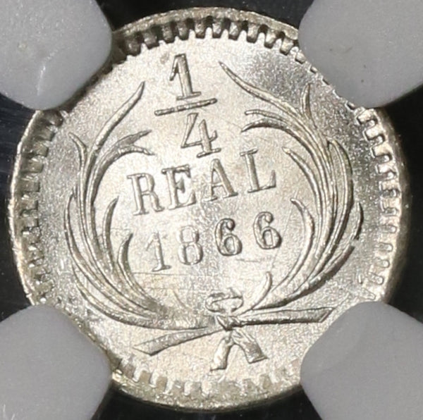 1866 NGC MS 66 Guatemala 1/4 Real Lion GEM Mint State Silver Coin