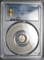 1878-G PCGS MS 67 Guatemala 1/4 Real GEM Volcanos Silver Coin (21112003C)