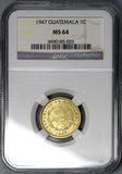 1947 NGC MS 64 Guatemala 1 Centavo Mint State Coin (19052601C)