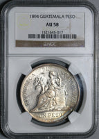 1894 NGC AU 58 Guatemala Un Peso 90% Silver Dollar Coin (21011101C)