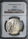 1894 NGC AU 58 Guatemala Un Peso 90% Silver Dollar Coin (21011101C)