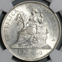 1896/5 NGC AU 58 Guatemala Un Peso Scarce Overdate 90% Silver Dollar Coin (21031401C)