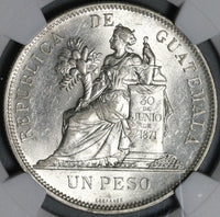 1896/5 NGC AU 58 Guatemala Un Peso Scarce Overdate 90% Silver Dollar Coin (21031401C)