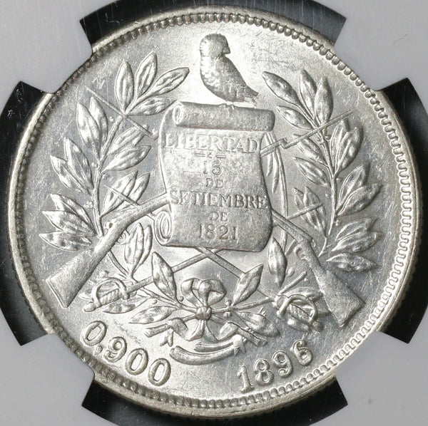 1896/5 NGC AU 58 Guatemala Un Peso Scarce Overdate 90% Silver Dollar Coin (21031401C)