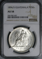 1896/5 NGC AU 58 Guatemala Un Peso Scarce Overdate 90% Silver Dollar Coin (21031401C)