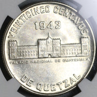 1943 NGC MS 63 Guatemala 25 Centavos Quetzal Bird Silver Map Coin (21042107D)