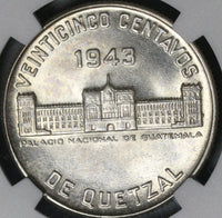 1943 NGC MS 63 Guatemala 25 Centavos Quetzal Bird Silver Map Coin (21042107D)